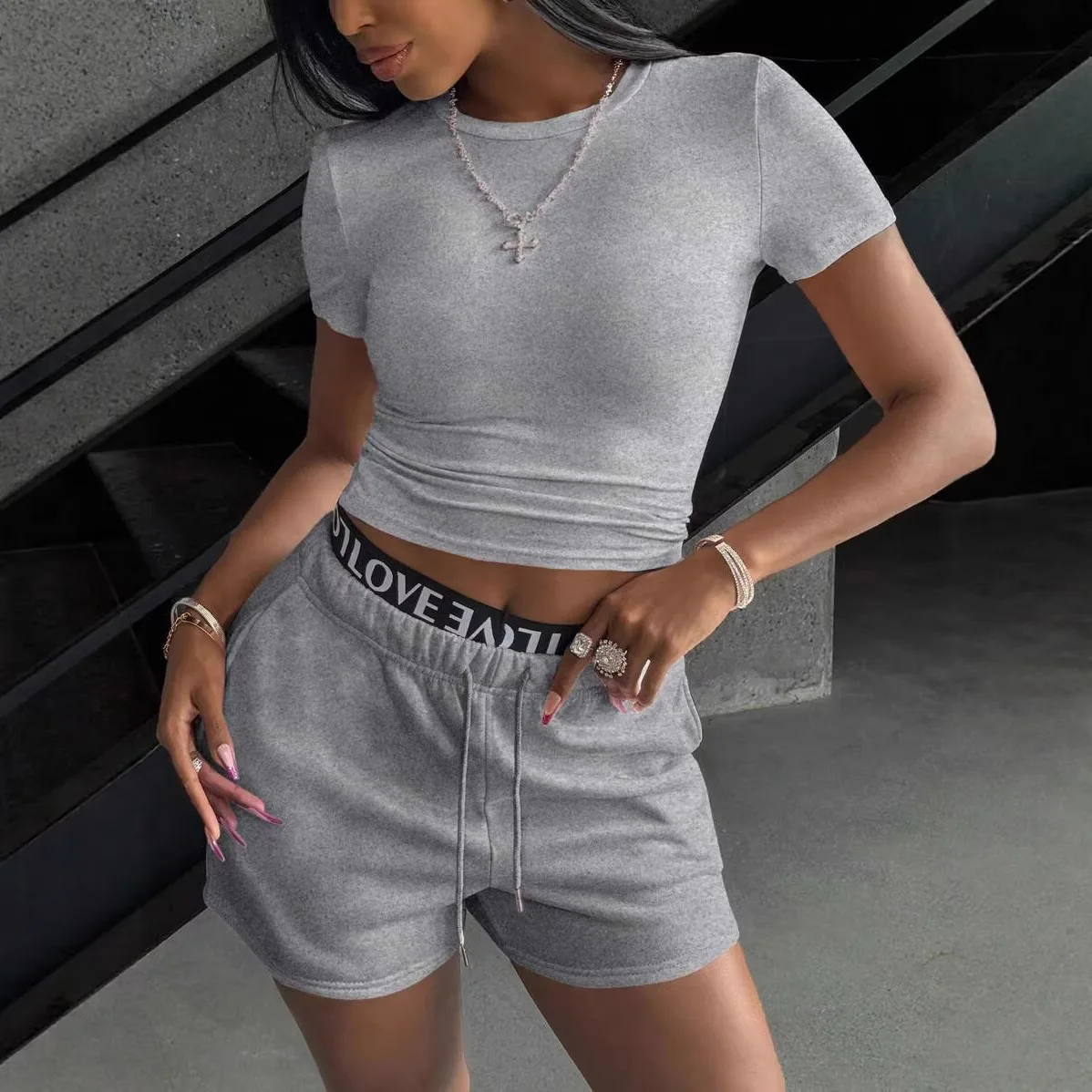 Fashion Women's 2-piece Slim Fit Short Round Neck T-Shirt Shorts Casual Pink Hot Girl Sports Suit for Female image 4
