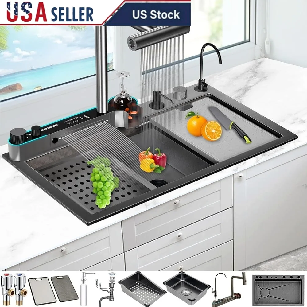 

Undermount Single Bowl Stainless Steel Kitchen Sink Workstation with Waterfall Faucet 3-in-1 Pull-Out Soap Dispenser and Cutting