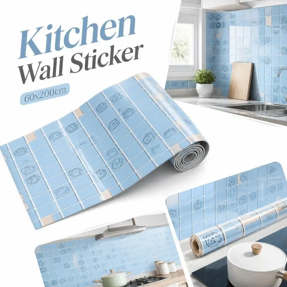 Self Adhesive Kitchen Wallpaper Waterproof Blue Tile Pattern Kitchen Wall Sticker Smooth Surface Oil Resistant