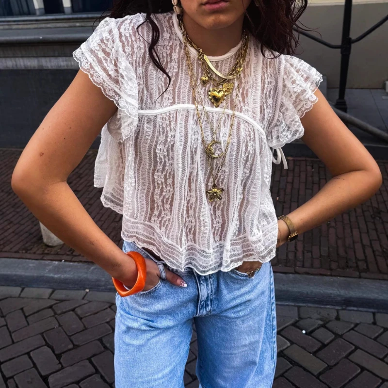 

2026 Summer New Hot Selling Sexy Lace Splicing Lace Fashion Loose T-shirt for Women