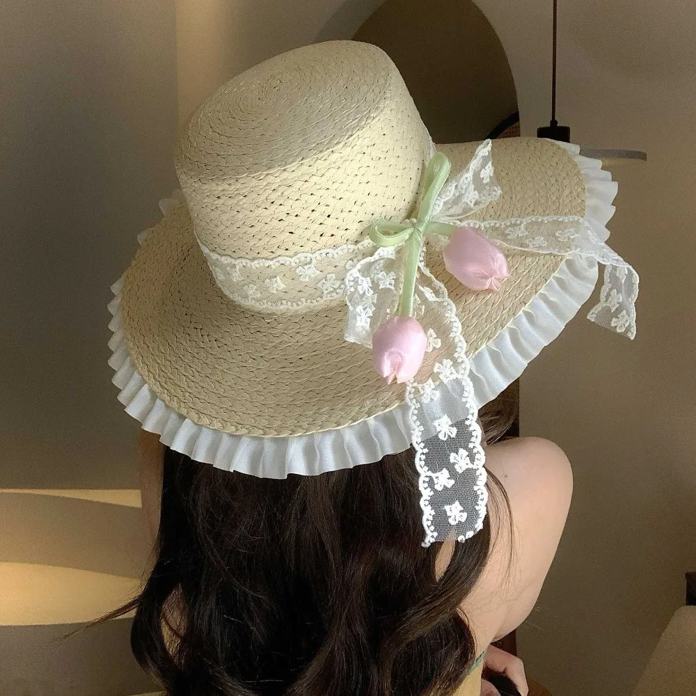 

Sunshade Sweet Lace Tulip Sun Hat Korean Style Flat Top Straw Woven Hat Elegant Wide Brim Bow Sunscreen Hat Spring Summer