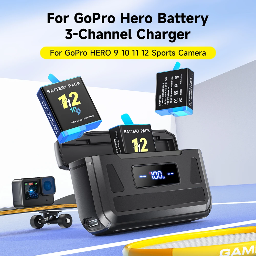 PALO Battery for GoPro Hero 12 11 10 9 2000mAh Battery+3 Ways Fast Charger Box for GoPro 12 11 Go Pro 10 9 Camera Accessories
