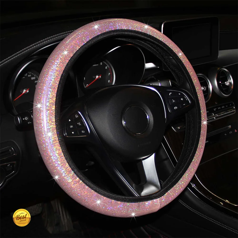 A Flash PU Leather Flash Gold Leather Steering Wheel Cover Without Inner Ring Fits 14.5-15 Inch Steering Wheel Cover