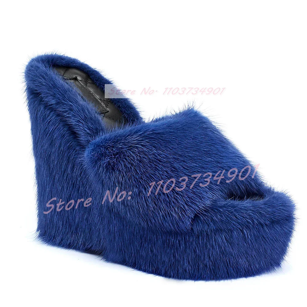 Pink Fluffy Platform Wedges Mules Lady Elegant Furry Round Toe High Heel Shoes Female Fashion Sexy Party Open Toe Solid Slippers