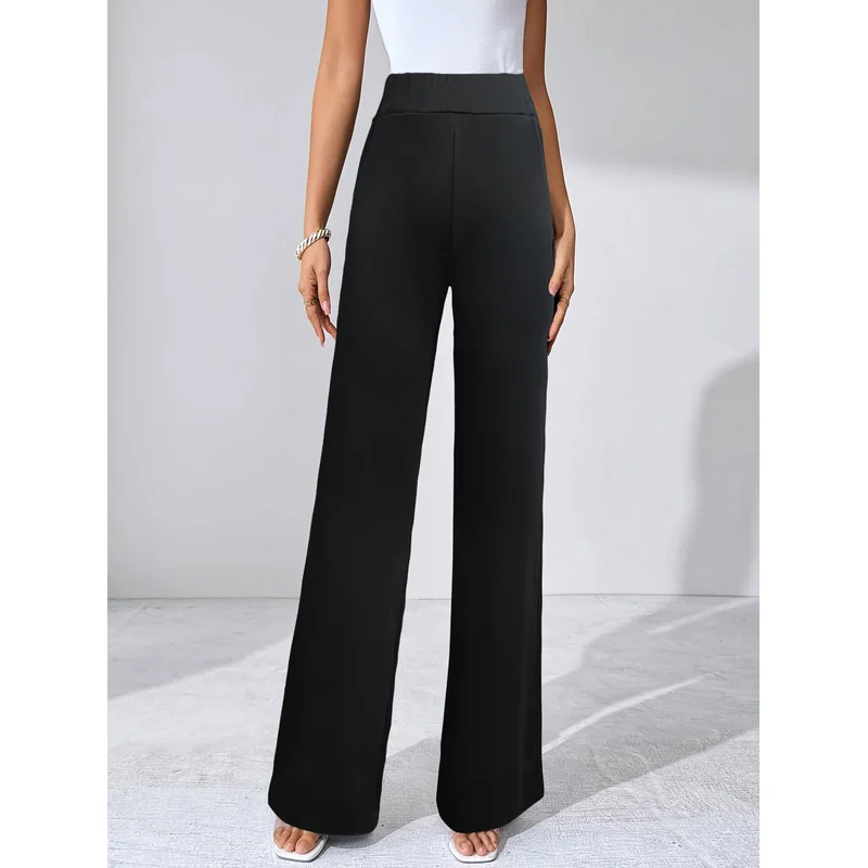 2025 Modern Classy Wide Leg Trousers Women Elastic Waist Stretchy Slimming Black Daily Office Trousers 