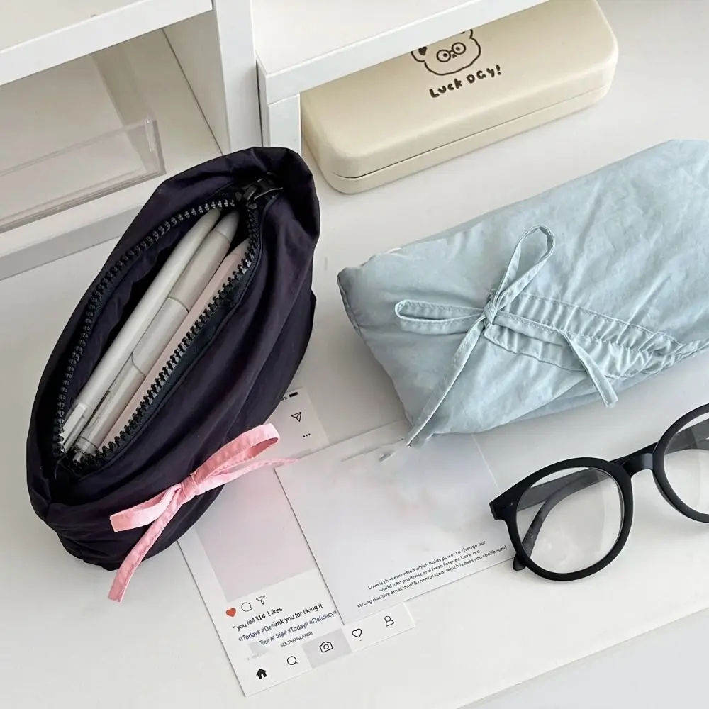 Bow Large Capacity Pen Case Wrinkle Design Detachable Stationery Storage Bag Cartoon Draw Rope Makeup Lipstick Bag