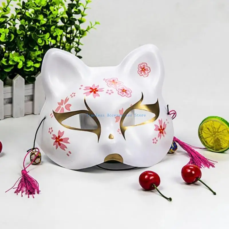 

97QE Japanese Animal for Cat Half Face Mask Hand-Painted Cosplay Anime Masquerade Cos