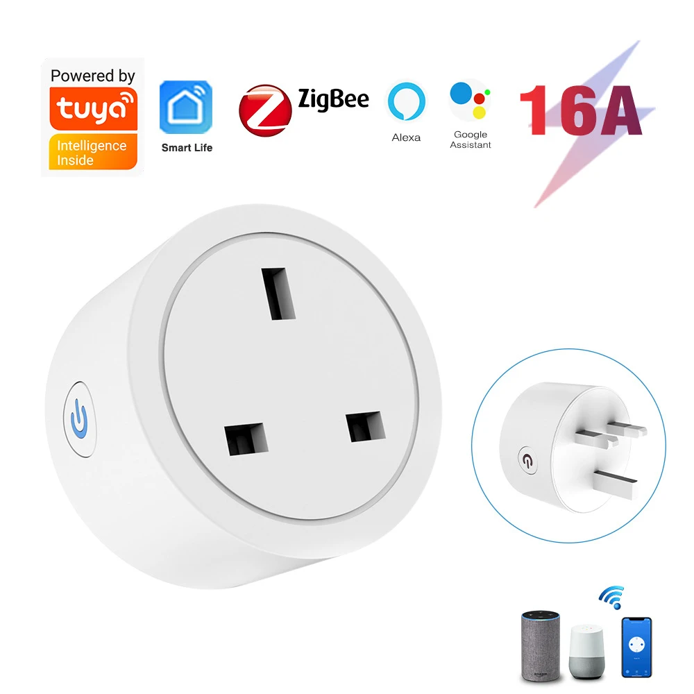Tuya Zigbee smart socket with British standard plug directly connected to ALexa speaker, British standard 16A with metering stat