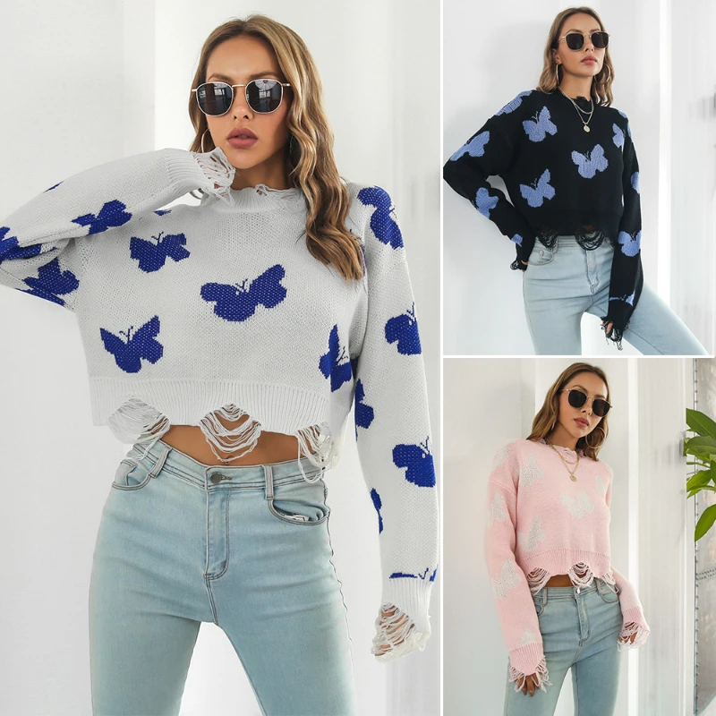 Fashionable Hollow Out Butterfly Jacquard Pullover Sweater For Women In Autumn And Winter Long Sleeves Knitted Sweater OME Style