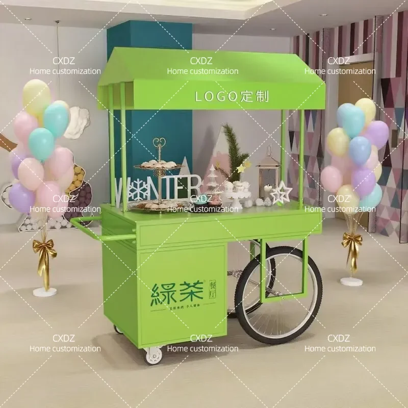 Wrought Iron Flower Cart Mobile Stall Trolley for Market Shopping Mall Snack Promotion Movable Display Stand