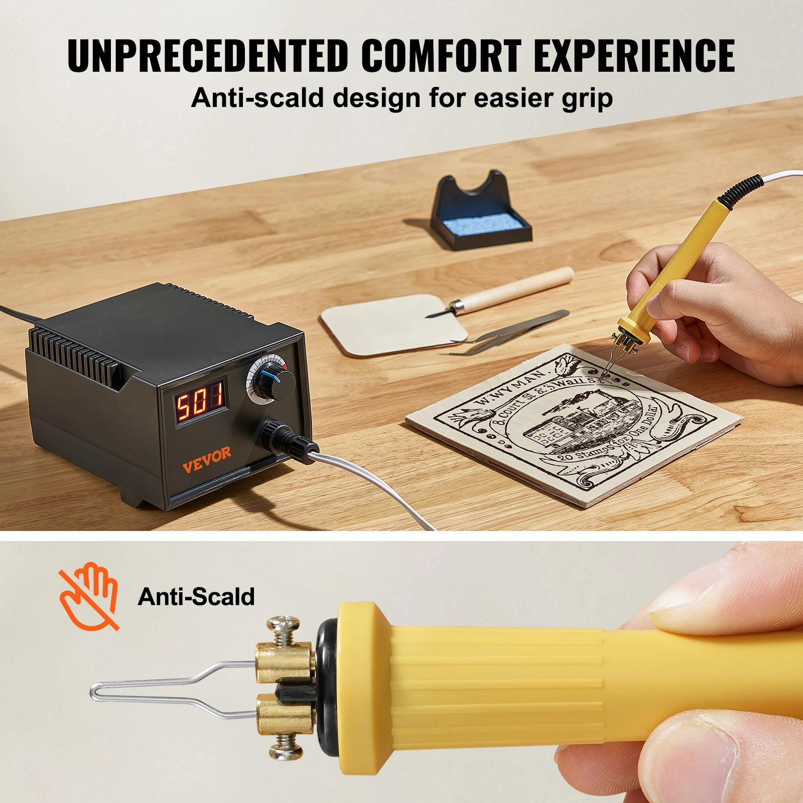 VEVOR Wood Burning Kit 200-700°C Adjustable Temperature with Display Wood Burner with 1 Pyrography Pen 1 Pen Holder 23 Wire Nibs