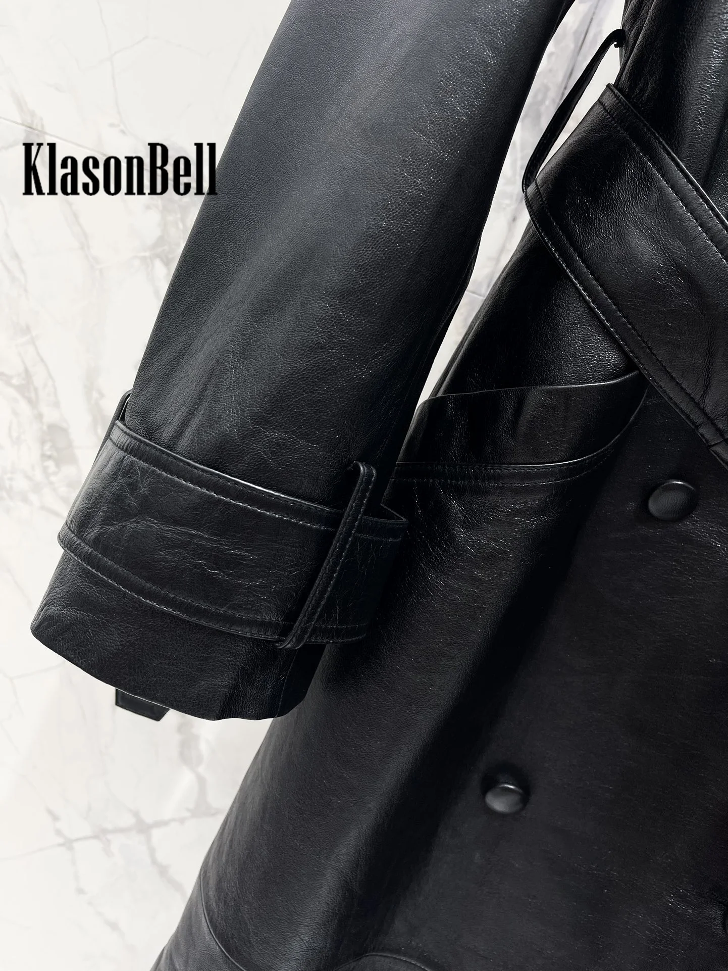 8.4 KlasonBell Women Street Lapel Collar Double Breasted Trench Fashion Vintage Epaulet With Belt Genuine Leather Long Coat