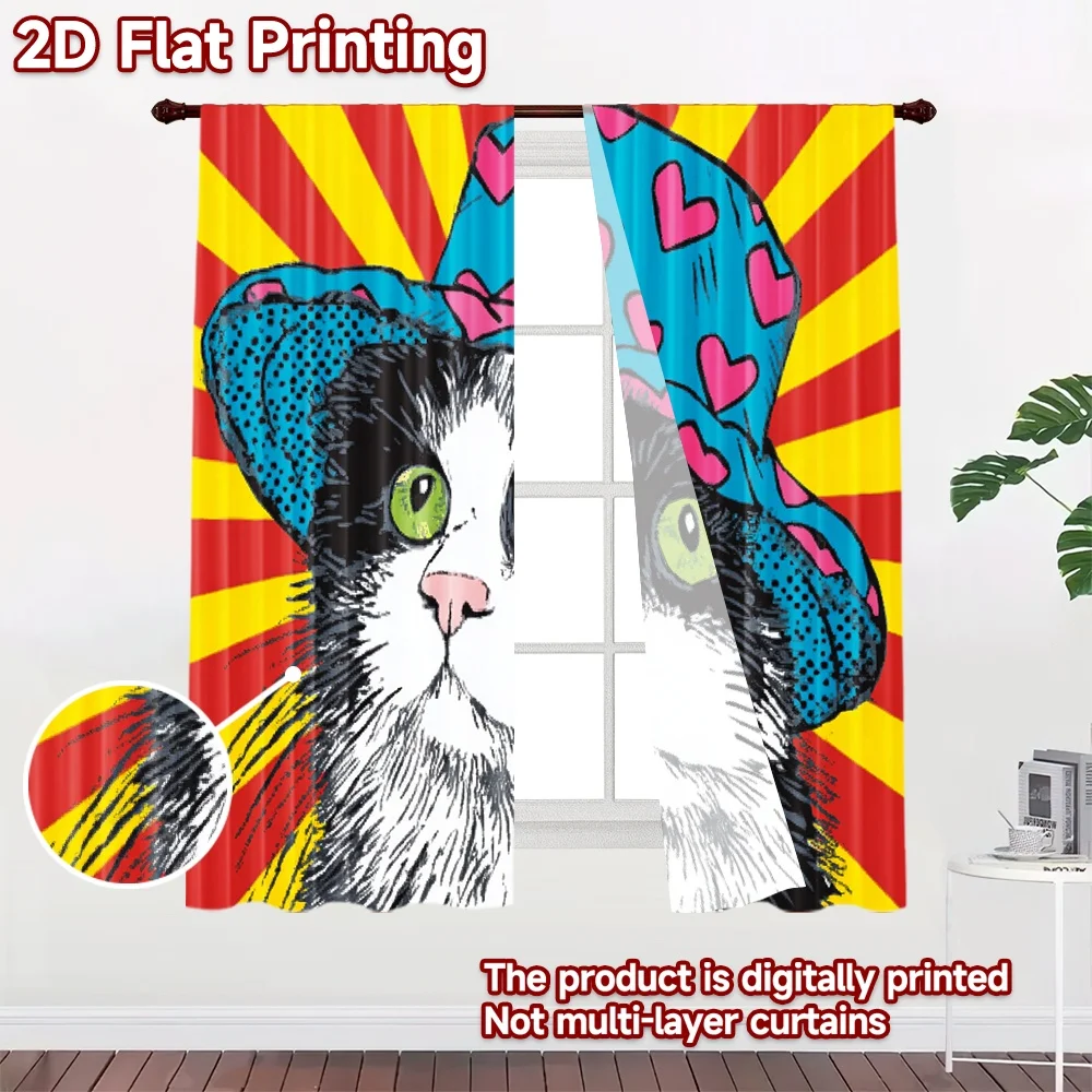 2D flat printing 2pcs Drapes Cat Hearts Hat Fun Digital Printed Polyester Drapes Family Party Use for Photo Booths & Holiday