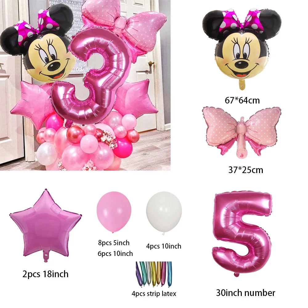 1Set Disney Minnie Mouse Head Foil Balloon 30inch Pink Number Helium Globos Kids Birthday Party Decor Baby Shower Air Balls