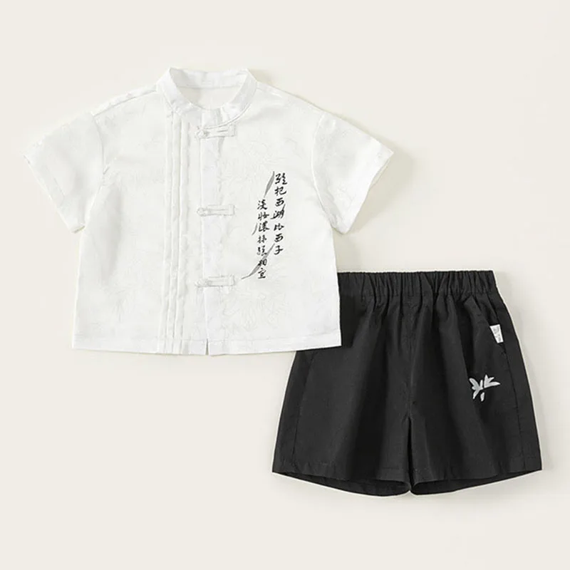 

2Piece Summer Boys Suit Korean Kids Clothes China Style Fashion White Short Sleeve Cotton Baby Tops+Shorts Toddler Costume B122