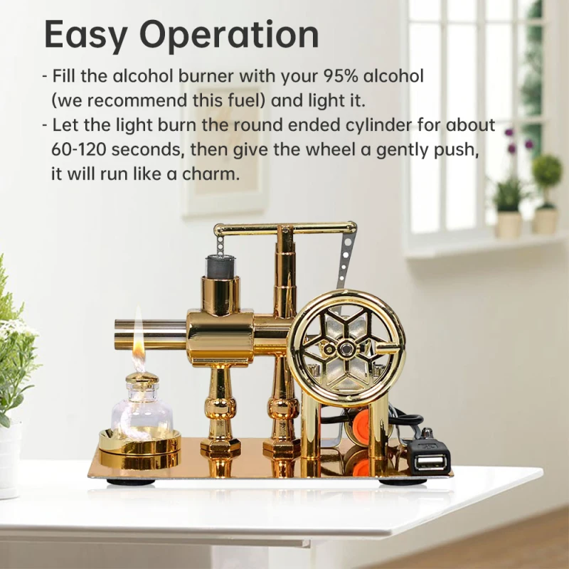 Hot Air Stirling Engine Motor Model Electricity Generator Motor with LED Bulb Six-pointed Star Pattern Flywheel DIY Educational