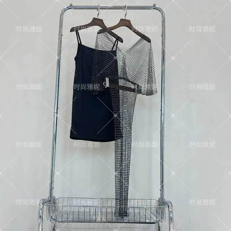 Fashion New Design Sense Unique V-neck Light Luxury Socialite Mesh Fishnet Diamond-Embedded Dress Two-Piece Set Women's Vestidos image 5