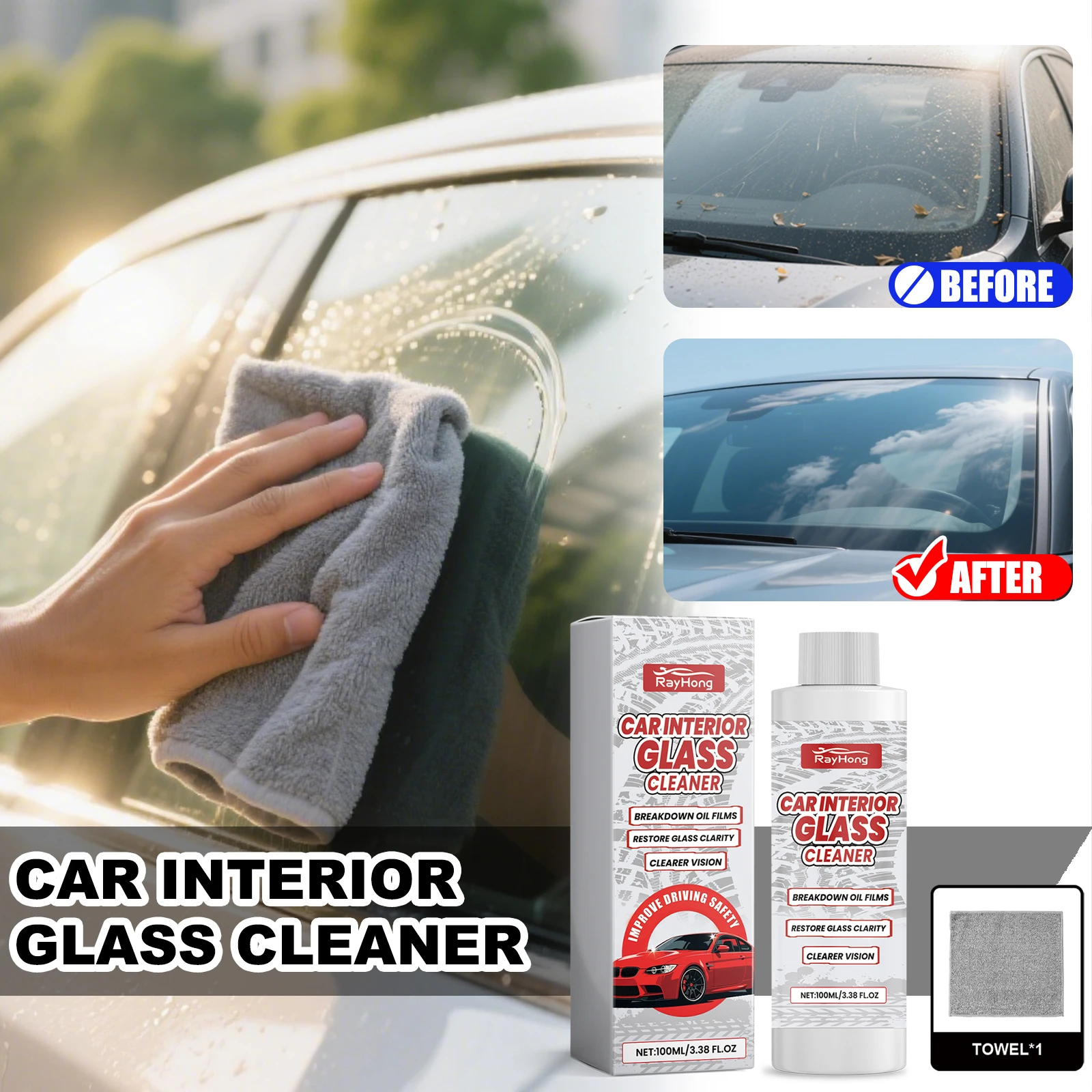 RAYHONG Car Glass Cleaner Kits For Windows Windshields Clean Stains Removes Oil Dust Anti-Fogging Waterproof Clear Driver Vision