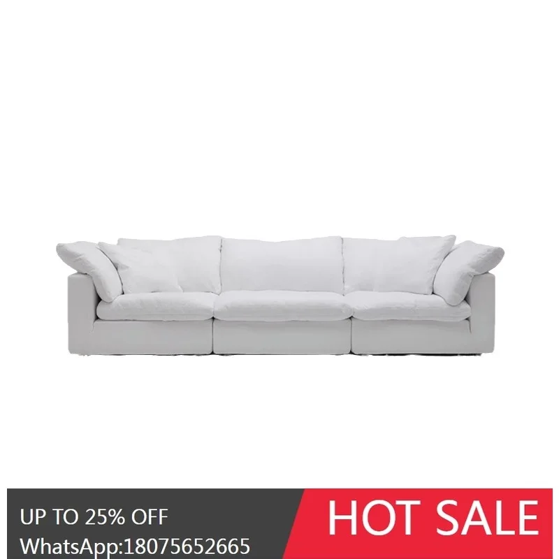 wabi-sabi wind white cotton and linen sofa straight row three-person small apartment cloud sofa
