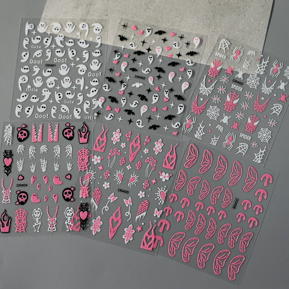 6 pçs 3d rosa brilhos fantasma adesivos de unhas teia de aranha design francês adesivos glitter sliders decalques autoadesivos para halloweens