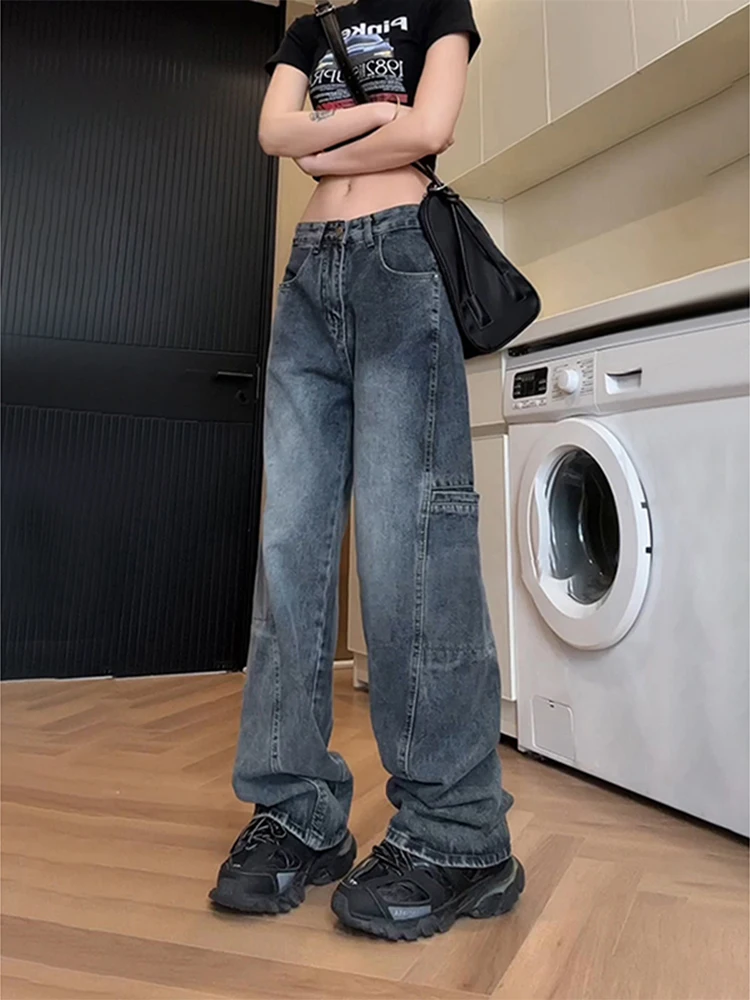 جينز رجالي من قماش الدنيم مبطن باللون الأزرق الداكن بخصر عالٍ سروال عمال عتيق للتخسيس الأمريكي فيبي سروال واسع للشباب