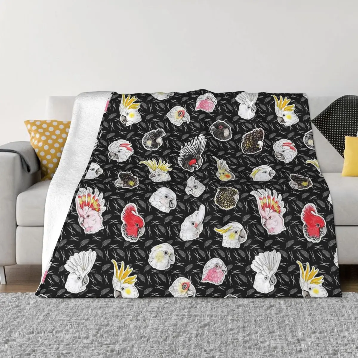 Parrot Bird Blanket Flannel Spring Autumn 21 Cockatoos In Black Warm Throws For Winter Bedding