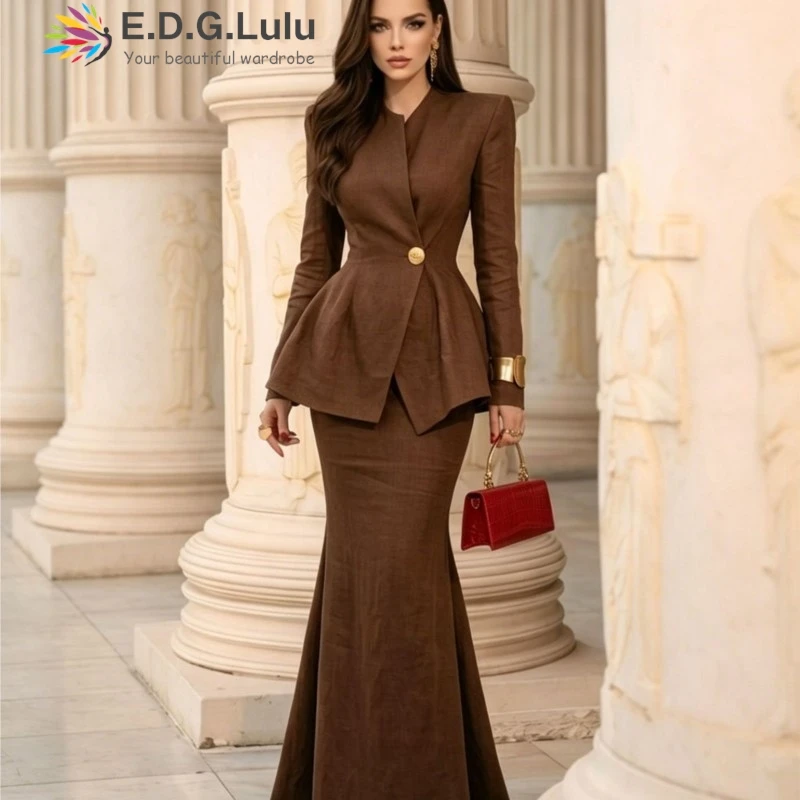 EDGLuLu  Women' S Clothes 2 Piece Sets V-Neck One Button Suit Jacket+High Waisted Fish Tail Skirt Commute Brown Suit 0819