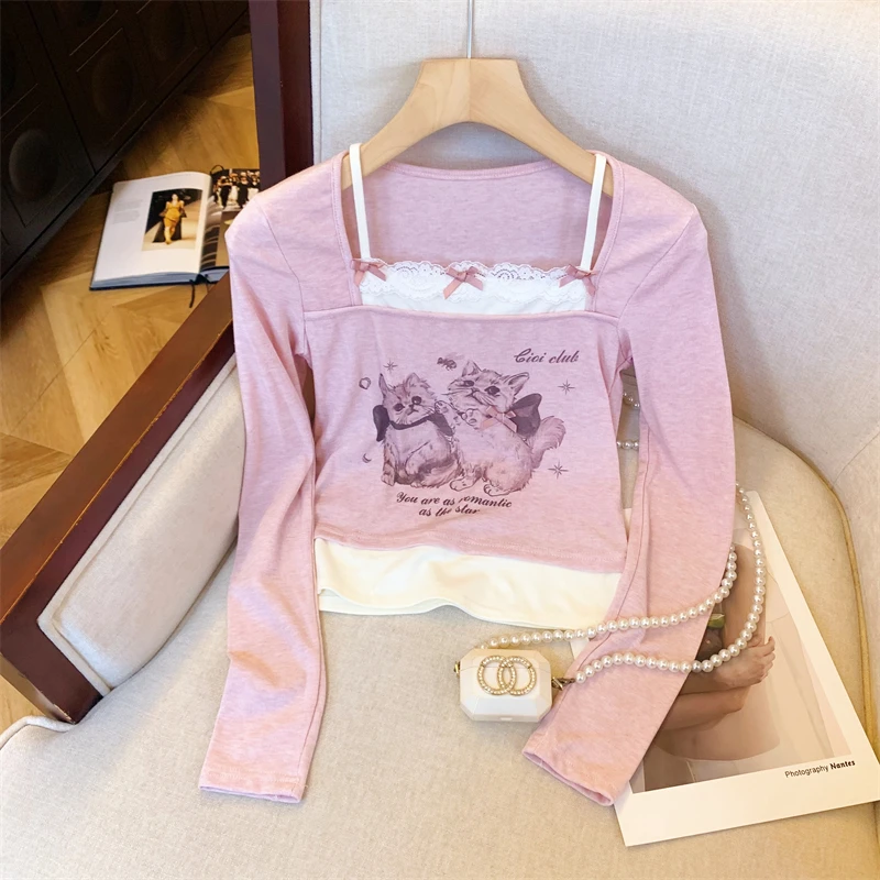 

Bomon 2024 French Autumn/Winter new American vintage Y2K Cat print high waisted long sleeve T-shirt women's V-neck base top