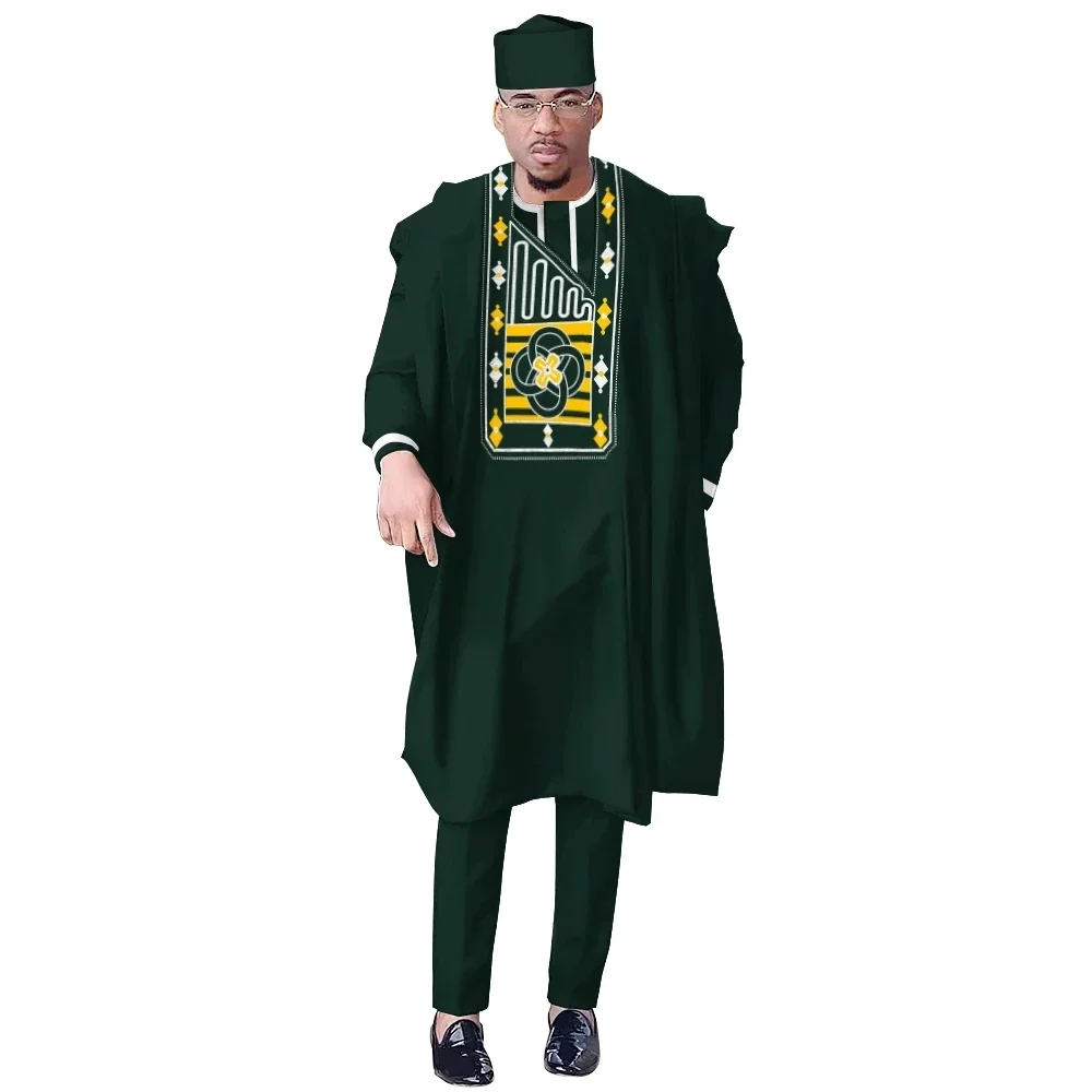 

stock size African Men Dashiki Clothes Shirt Pants Suit Ankara Embroidery Long Sleeve Tops Trouser with Hat 4 PCS WYN1884