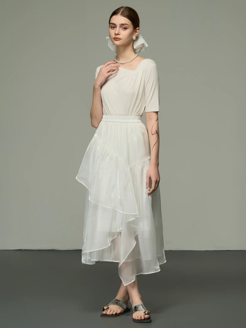 

Niniliuiu Irregular Splicing Pearl White Versatile f Skirt Slimming Summer Fairy Aosphere A-Line Long Skirt
