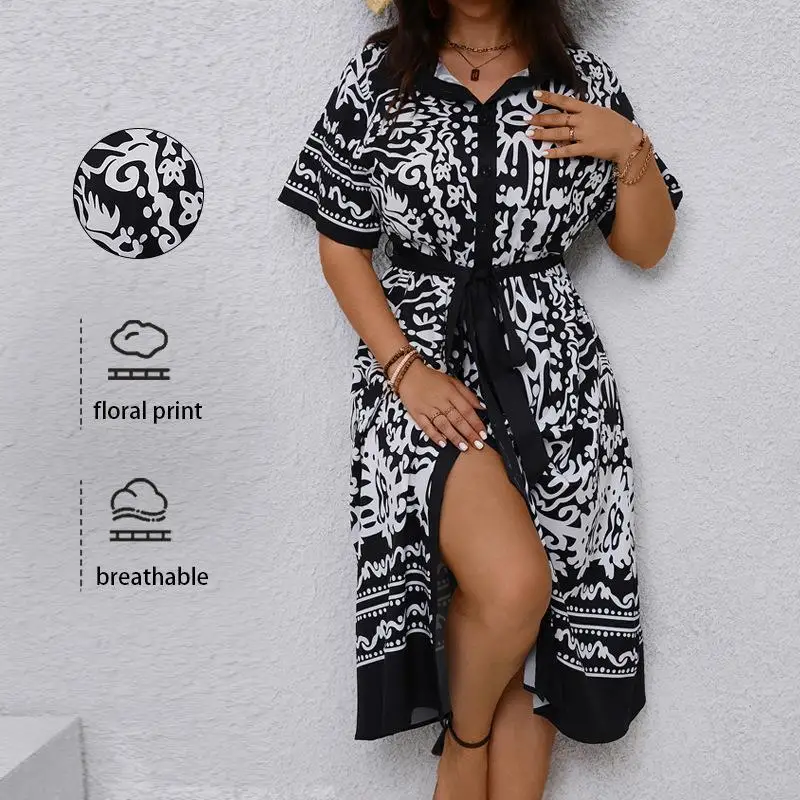 

Retro Printed irt Collar Long Skirt Lace up Dr Ciwalk A-Line Dr Side Zipper Closure Maxi Dr plus Size Women