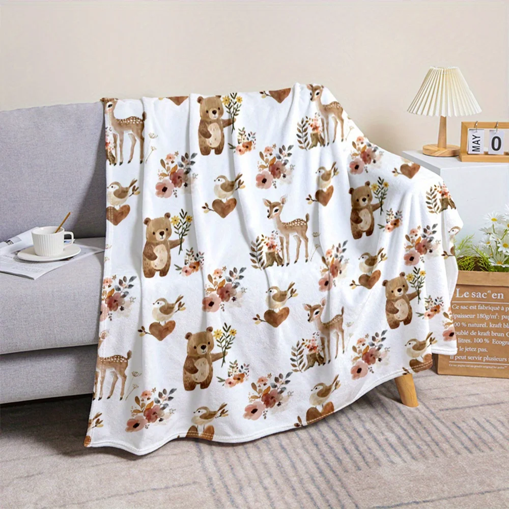 

1pc Blanket with bear and deer print, polyester fabric, machine washable, suitable for living room, sofa and bedding