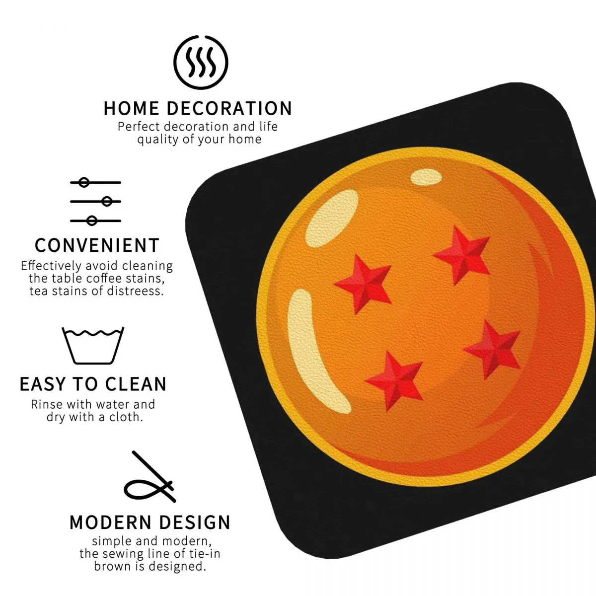 DBZ - Four Star Dragonball Coasters Kitchen Placemats Non-slip Insulation Cup Coffee Mats For Decor Home Tableware Pads Set of 4