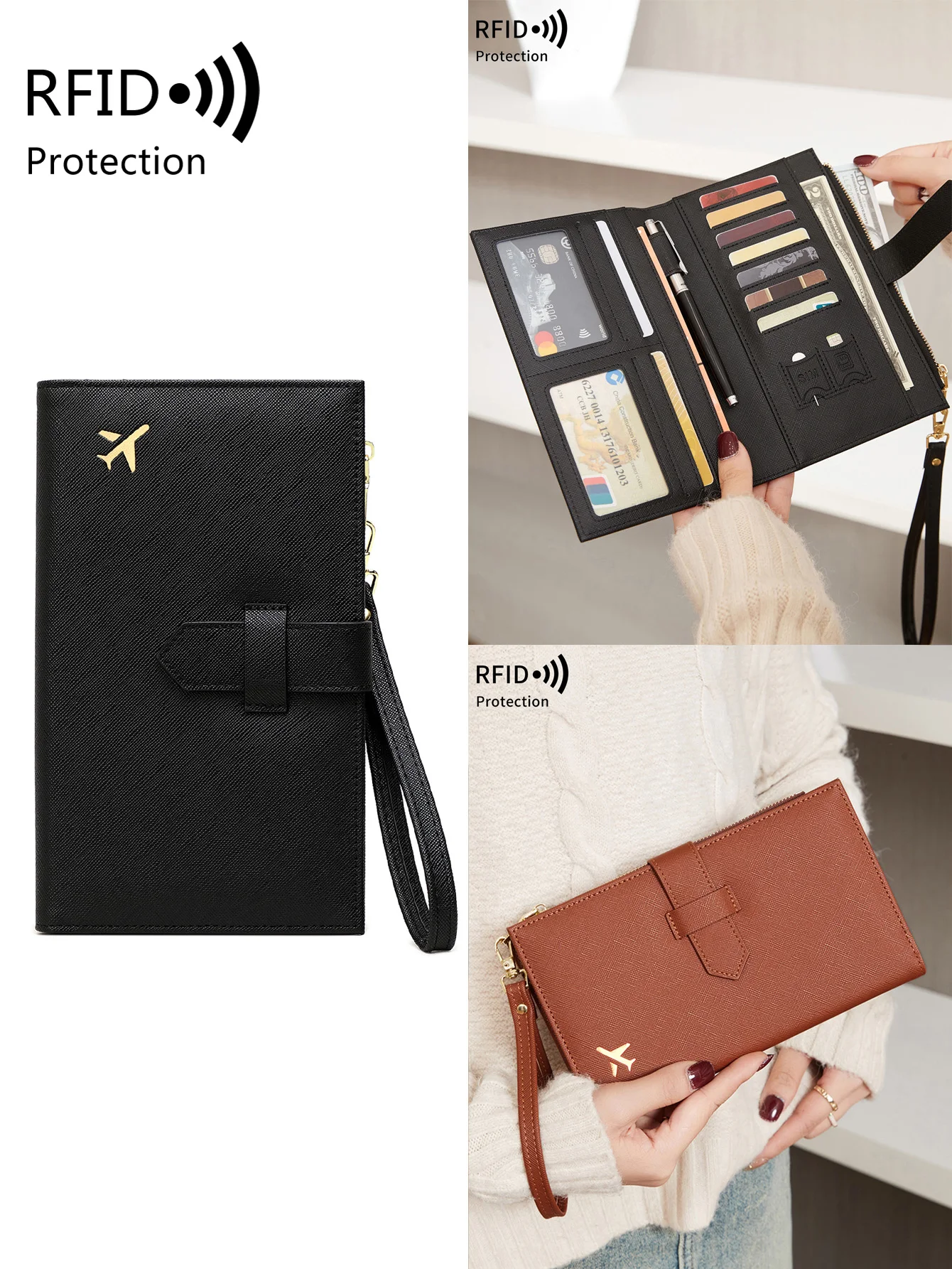 Fashionable PU leather airplane pattern RFID travel passport cover for women and men multi-functional ID card credit card wallet