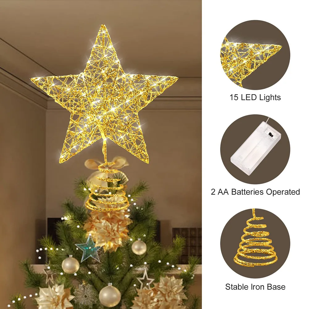 Iron Glitter Powder Christmas Tree Topper Star with LED Copper Wire Lights Merry Christmas Tree Decor for Home Navidad Ornaments