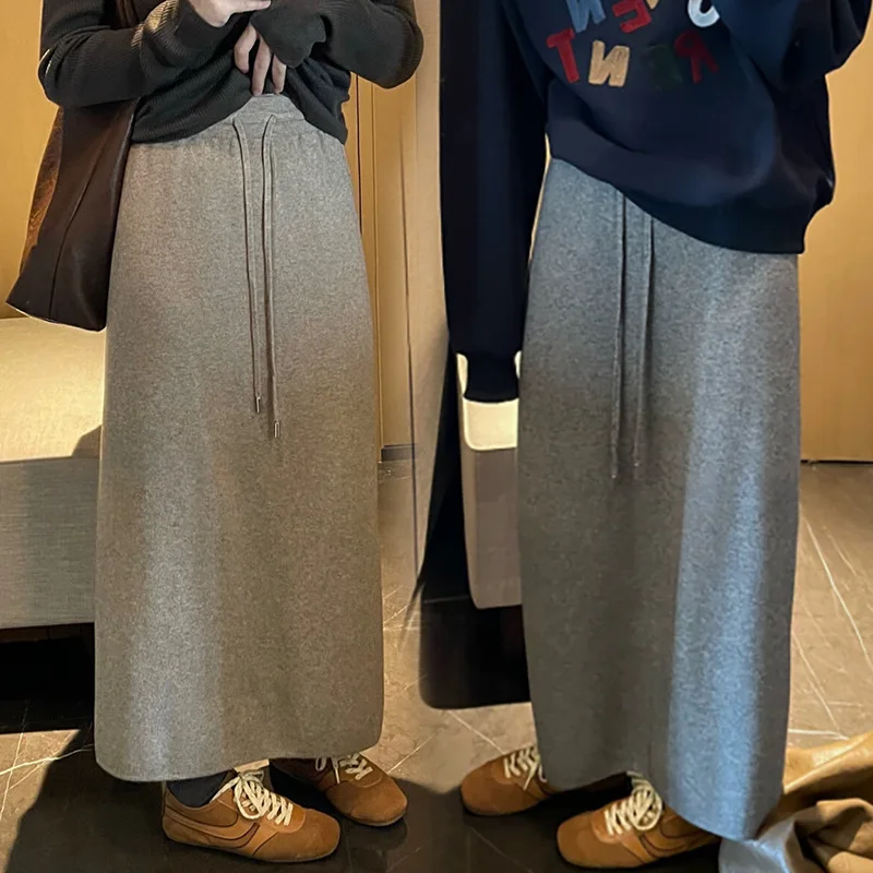 Fall Winter Maternity Clothes Premama Mid-Calf Stretch Belly Skirt Casual Pregnant Women Slit Knitted Drawstring Dress Vestidos