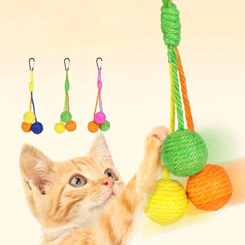 Katzenspielzeug in zufälliger Farbe: Sisalbälle zum Schleifen von Zähnen, zum Schärfen von Krallen, zum Aufhängen, klangaktivierter Seilknoten-Teaserball für Katzen