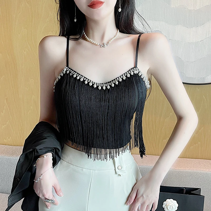 2023 Tassel Beading Mini Camis Off Shoulder Backless Sleeveless Slim Women Summer Fashion Hight Waist Sweet Sexy Top