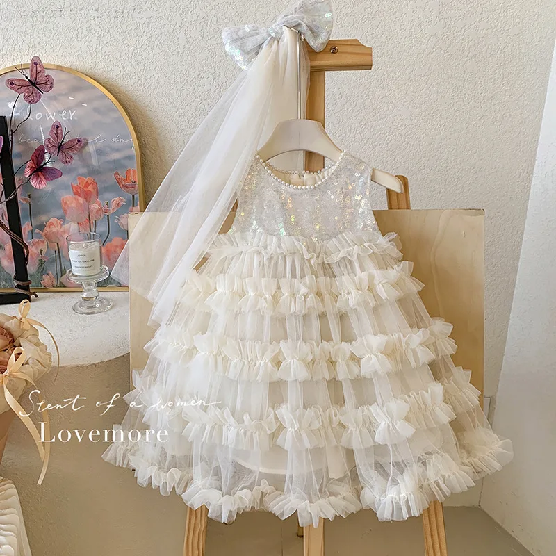 

A2025Girls Summer New French Style Pink Elegant First Birthday Dress Tulle Dress