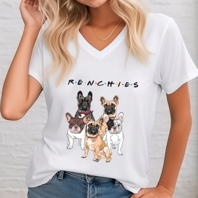 Women\'s Clothing Frenchies Friends Graphic T Shirts Women Fashion Funny French Bulldog Lover Gifts V-neck Summer Short Clothes