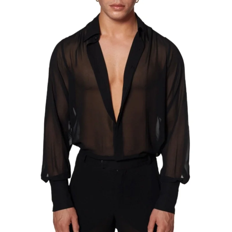 Men's Summer Black Thin See-through Shirt Breathable Casual Shirt Night Show Clothing, Sun-protective Clothing