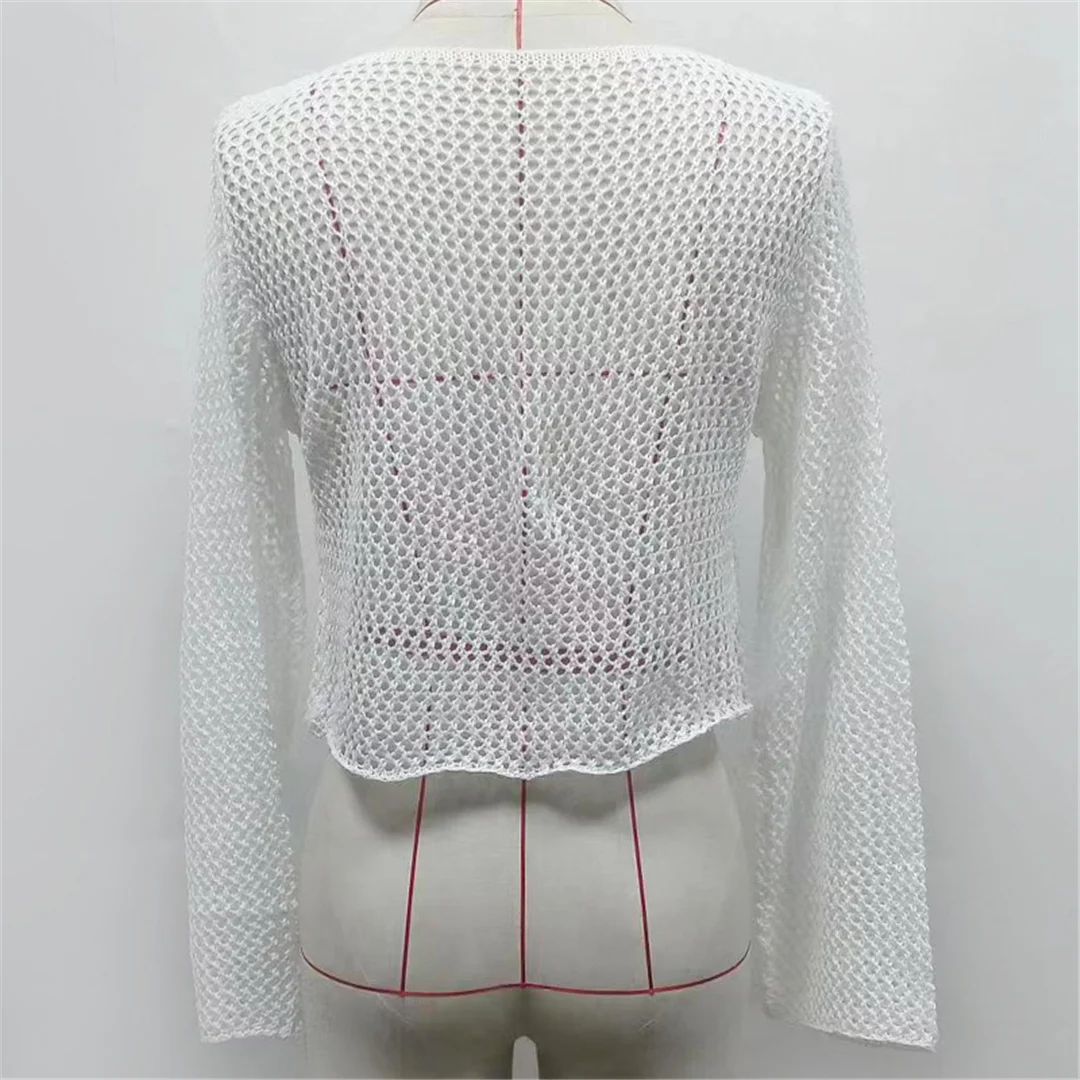 Sexy Langarm-Top mit Ausschnitten, durchsichtig, Tunika, Strand-Überwurf, Strandkleid, Strandmode, Damen V6378 – Detail 5
