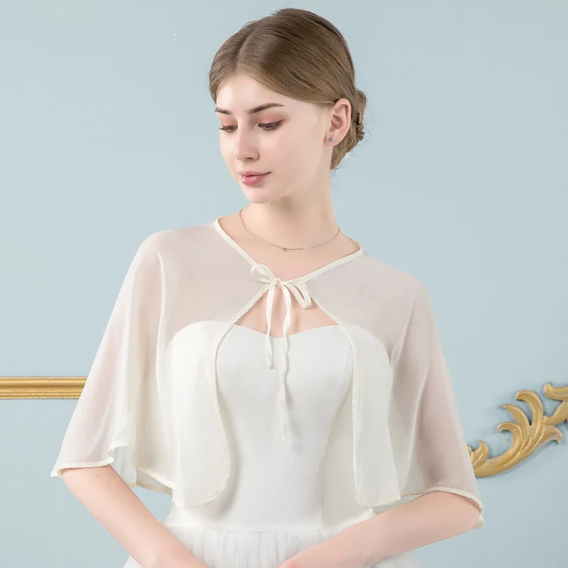 Summer solid color evening gown shawl European and American retro bride wedding dress chiffon cardigan sleeveless mid length sun