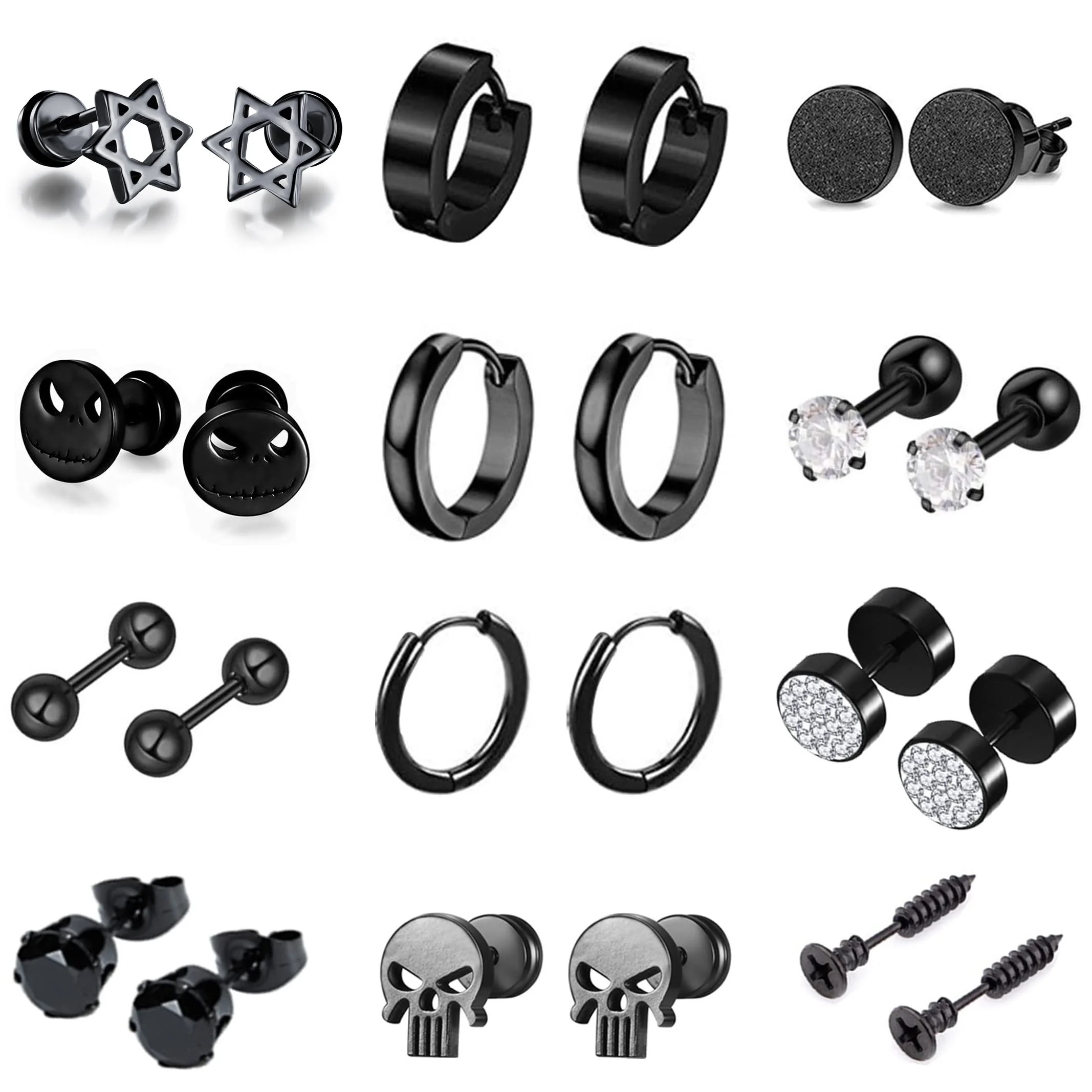 1/12 Pairs Punk Stainless Steel Flatback Screw CZ Skull Ball Stud Earrings Vintage Hip Hop Huggie Hoop Earrings for Men Women