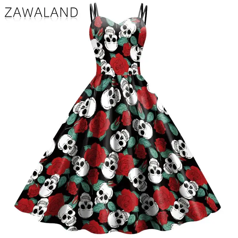 Zawaland Halloween Fancy Skeleton Rose Print Women Dress Girl Carnival Party Dresses Female Goth Horror Costume Rockabilly Dress