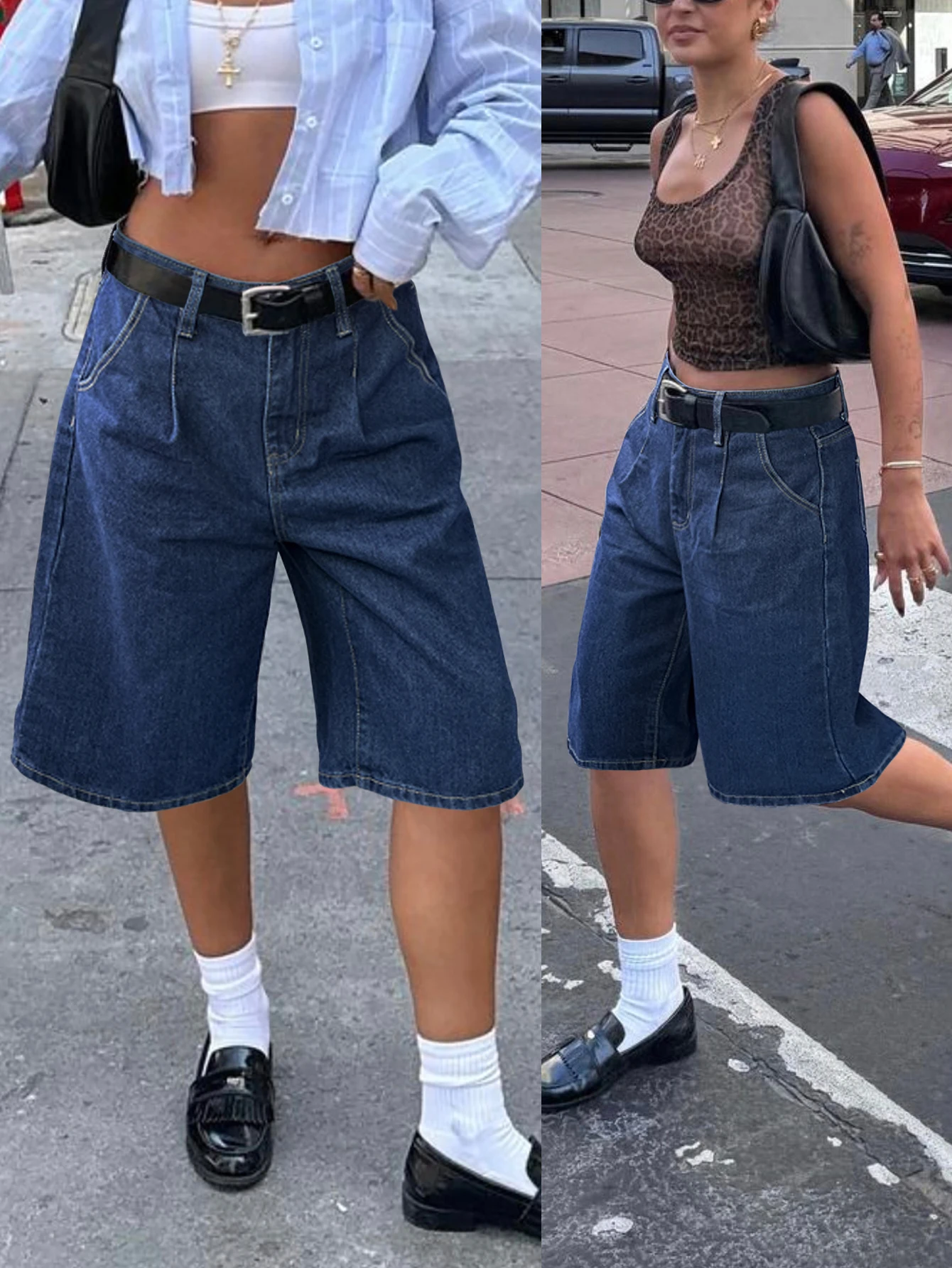 

Повседневные удобные широкие джинсовые шорты, женские однотонные минималистичные плиссированные бермуды с наклонными карманами длиной до колена, летние шорты для мам