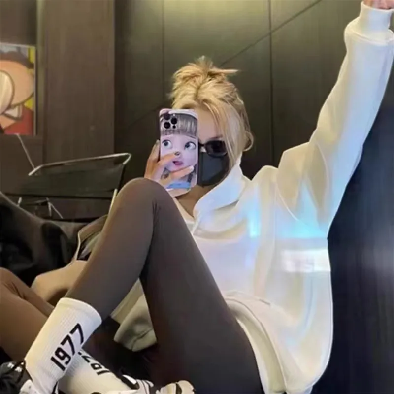 الرجعية الأمريكية بلون العصرية الأبيض هوديي المرأة الخريف الشتاء فضفاض كسول نمط الصوف مبطن سميكة تنوعا سترة #3