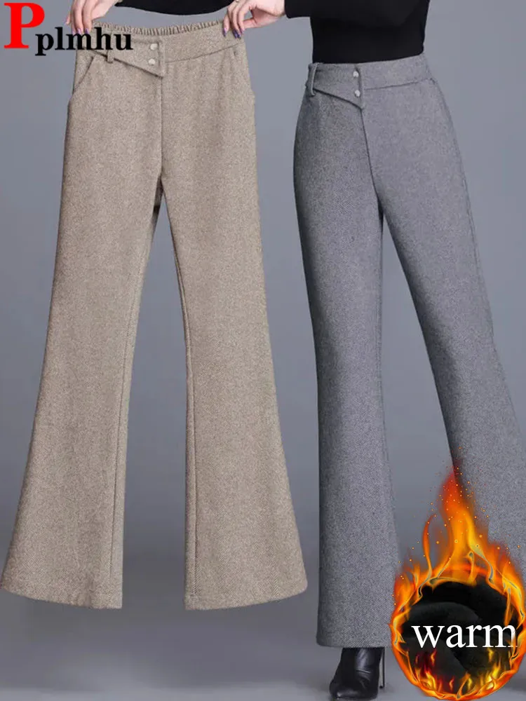 

Winter Warm Slim Velvet Lined Flare Pants Women Elastic High Waist Thicken Woolen Wide Leg Pantalones Casual Wool Blend Calca