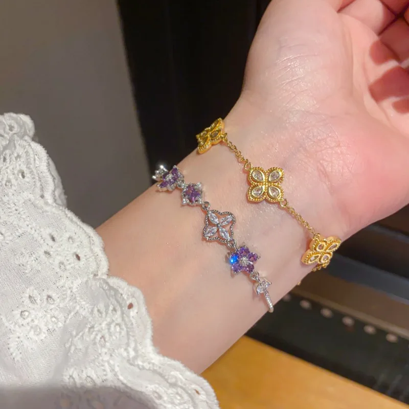 

Korean New Fashion Purple Crystal Flower Bracelet Women Original Design Stainless Steel Charm Bracelet Jewelry Accessories Gift