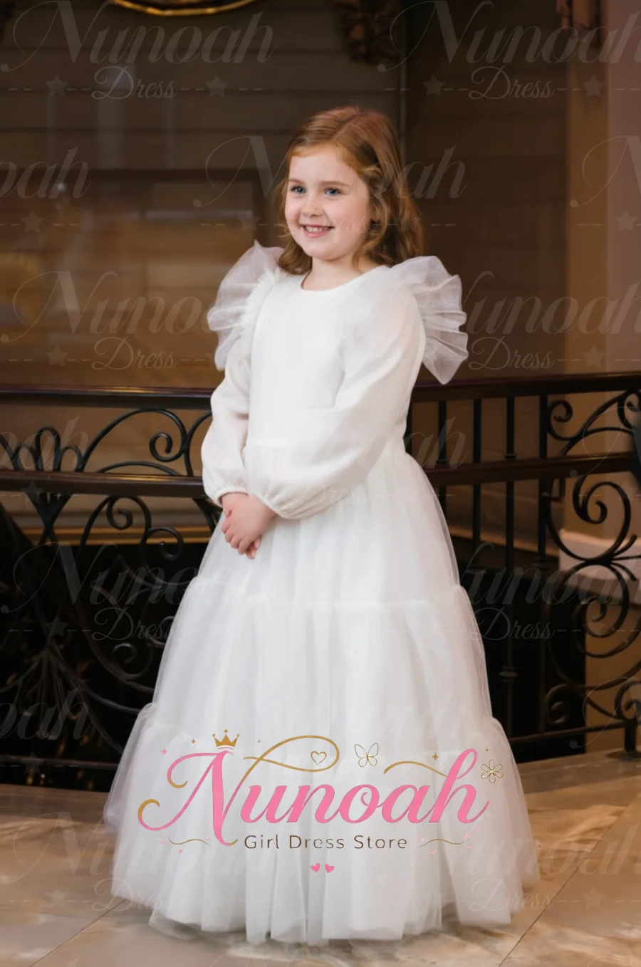 Multi-color Kids Flower Girl Dress Long Sleeve Ruffle Shoulder Glitter Tulle Maxi Gown Girls Wedding Birthday Pageant Gowns